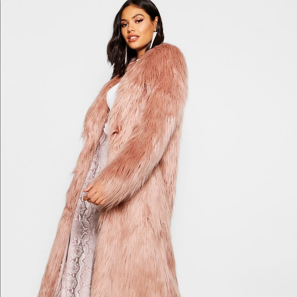 Boohoo Pink Faux Fur Long Coat